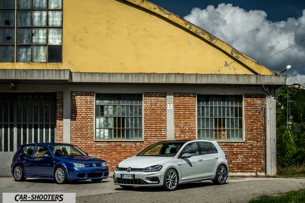 Volkswagen Golf R – front three-quarter, white against a rustic brick wall