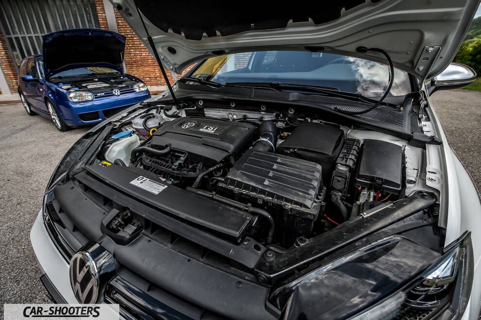 Volkswagen Golf R – engine bay, with another car in background