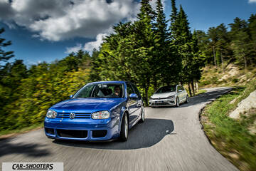 Volkswagen Golf R – front three-quarter, blue on a country road