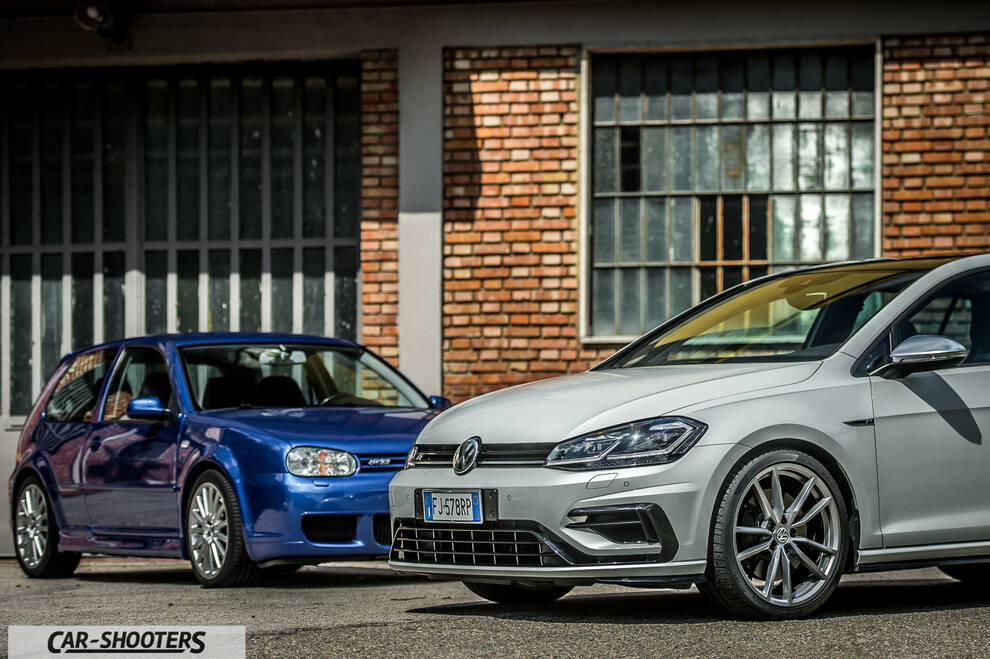 Volkswagen Golf R – front three-quarter, silver against a brick wall