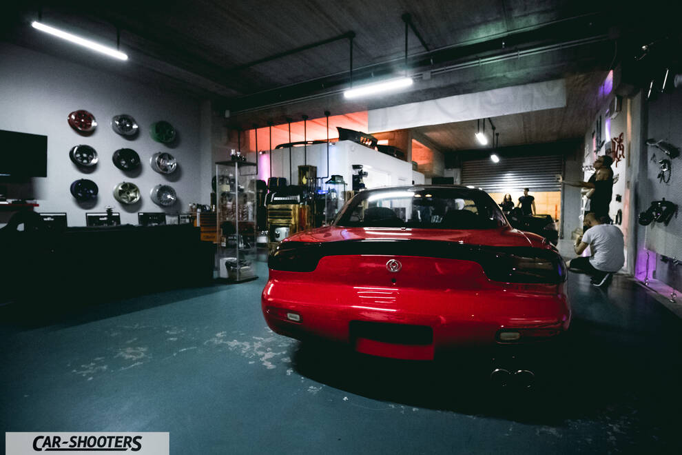 rear view, red in a custom garage shop
