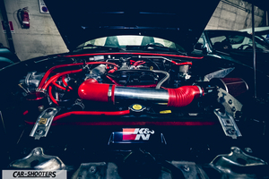 engine bay, modified engine bay with red hoses
