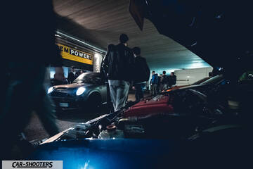 engine bay, at a night car meet