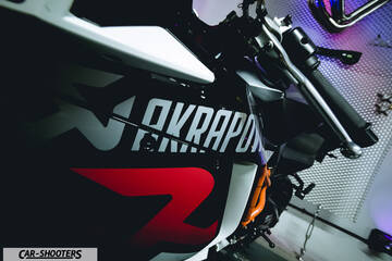 detail, close-up of motorcycle bodywork with akrapovic logo