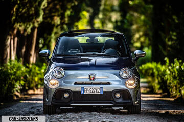 Abarth 695 Rivale – front three-quarter, grey and blue on a tree lined road