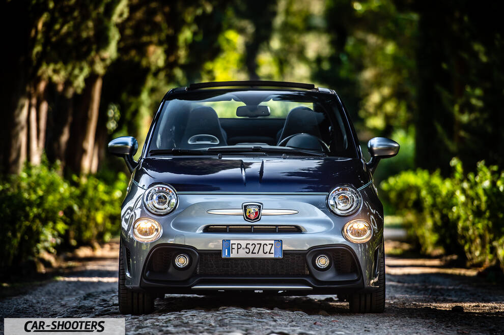 Abarth 695 Rivale – front three-quarter, grey and blue on a tree lined road