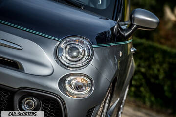 Abarth 695 Rivale – front three-quarter, silver and black with a pinstripe accent