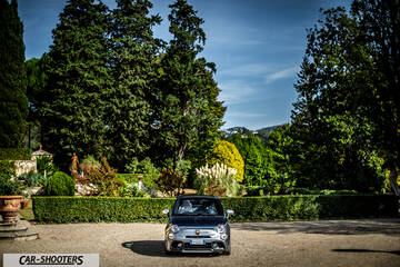Abarth 695 Rivale – front three-quarter, grey in a formal garden setting