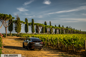 Tesla Model X – rear three-quarter, black on a dirt road near a vineyard