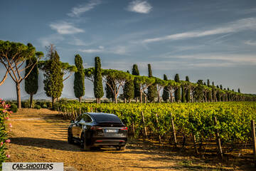 Tesla Model X – rear three-quarter, black on a dirt road near a vineyard