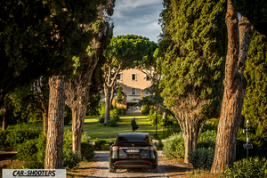 Tesla Model X – rear view, black framed by trees on a driveway