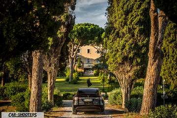 Tesla Model X – rear view, black framed by trees on a driveway
