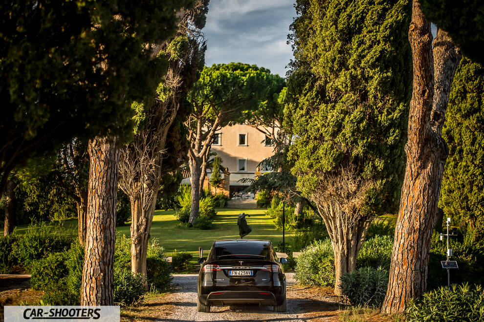Tesla Model X – rear view, black framed by trees on a driveway