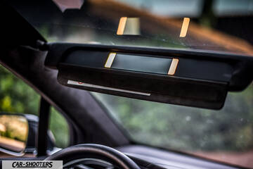 Tesla Model X – interior, visor and rearview mirror close-up