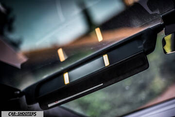 Tesla Model X – detail, rearview mirror and visor close-up