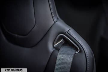 Tesla Model X – detail, leather seat detail with seatbelt