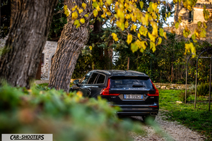 Volvo V60 – rear three-quarter, dark grey parked near trees