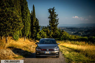 Volkswagen Polo GTI – front three-quarter, grey metallic on a country road
