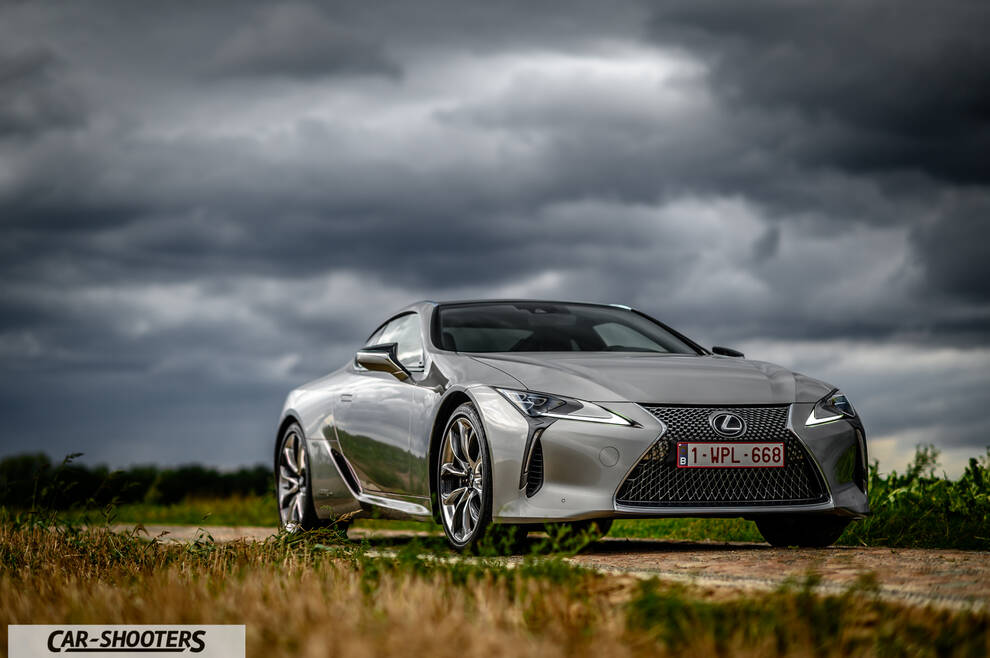 Lexus LC500h – front three-quarter, silver on a country road