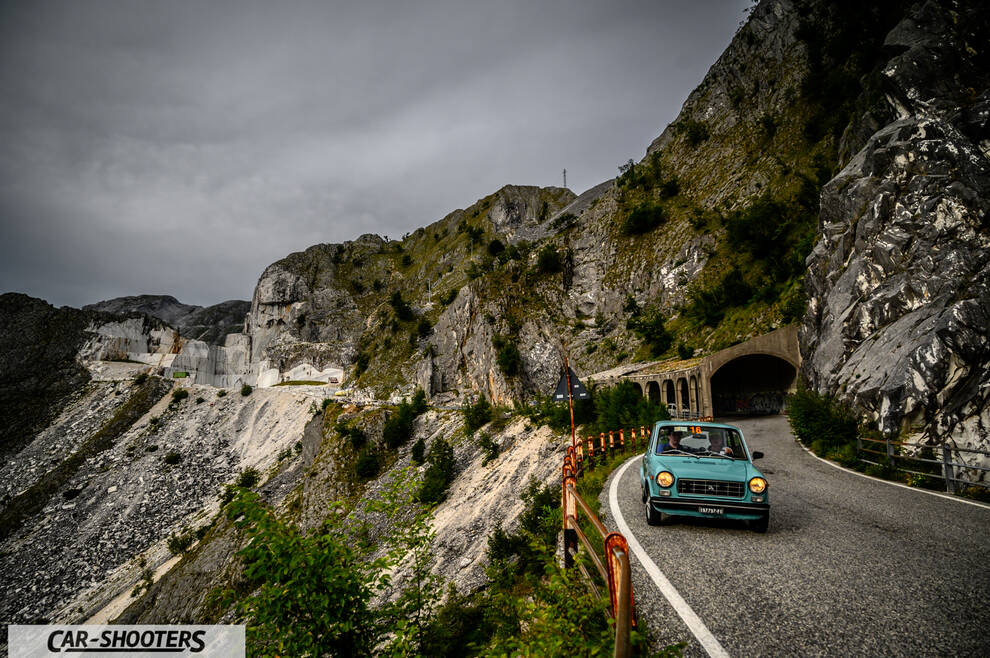 Autobianchi A112 – front three-quarter, light blue on a mountain road