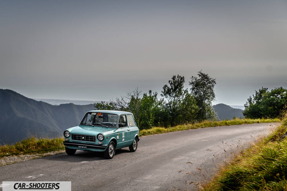 Autobianchi A112 – front three-quarter, light blue on a country road