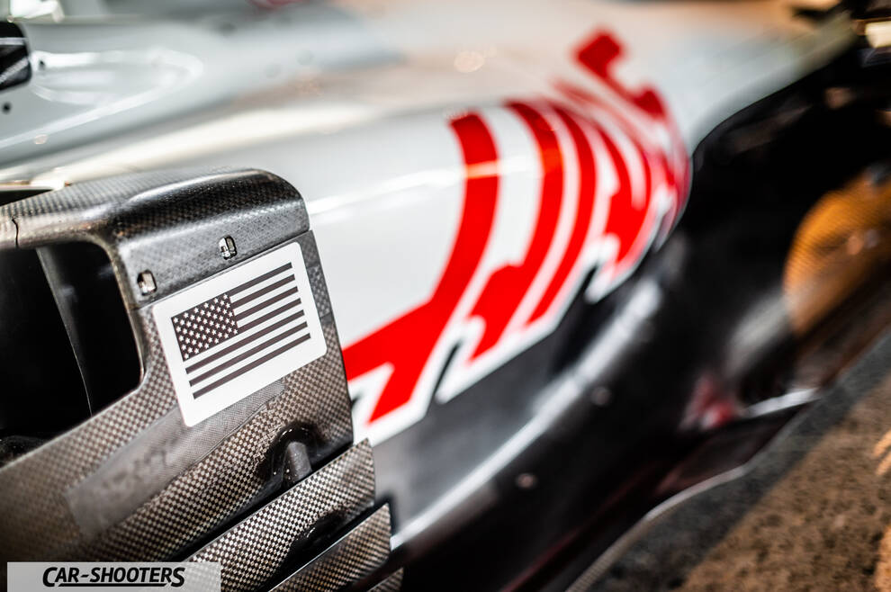 Dallara – detail, carbon fiber detail with american flag sticker