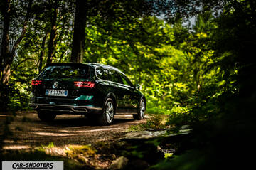 Volkswagen Passat Alltrack – rear three-quarter, dark green metallic on a forest road