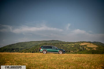 Volkswagen Passat Alltrack – side profile, green on a hill against a mountain backdrop