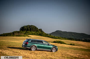 Volkswagen Passat Alltrack – rear three-quarter, green in a grassy field