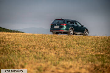 Volkswagen Passat Alltrack – rear three-quarter, dark green in a grassy field