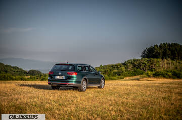 Volkswagen Passat Alltrack – rear three-quarter, dark green in a grassy field