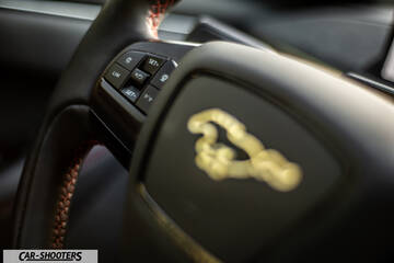 Ford Mustang Mach E – detail, steering wheel emblem close-up