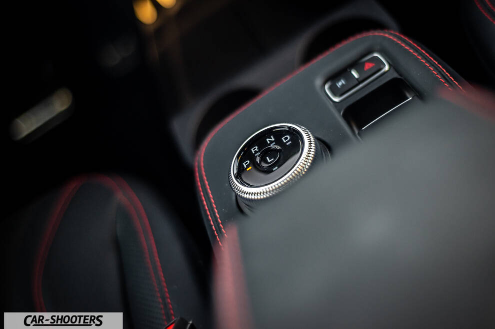 Ford Mustang Mach E – interior, rotary gear selector with red stitching