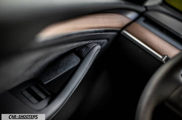 Tesla Model Y Performance – detail, wood trim door panel close-up