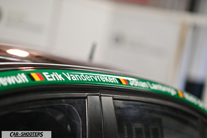 detail, driver names and flags sticker on roof line
