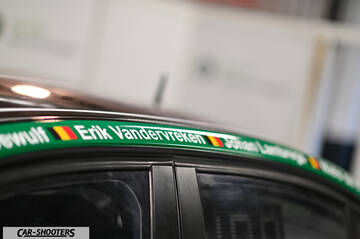 detail, driver names and flags sticker on roof line
