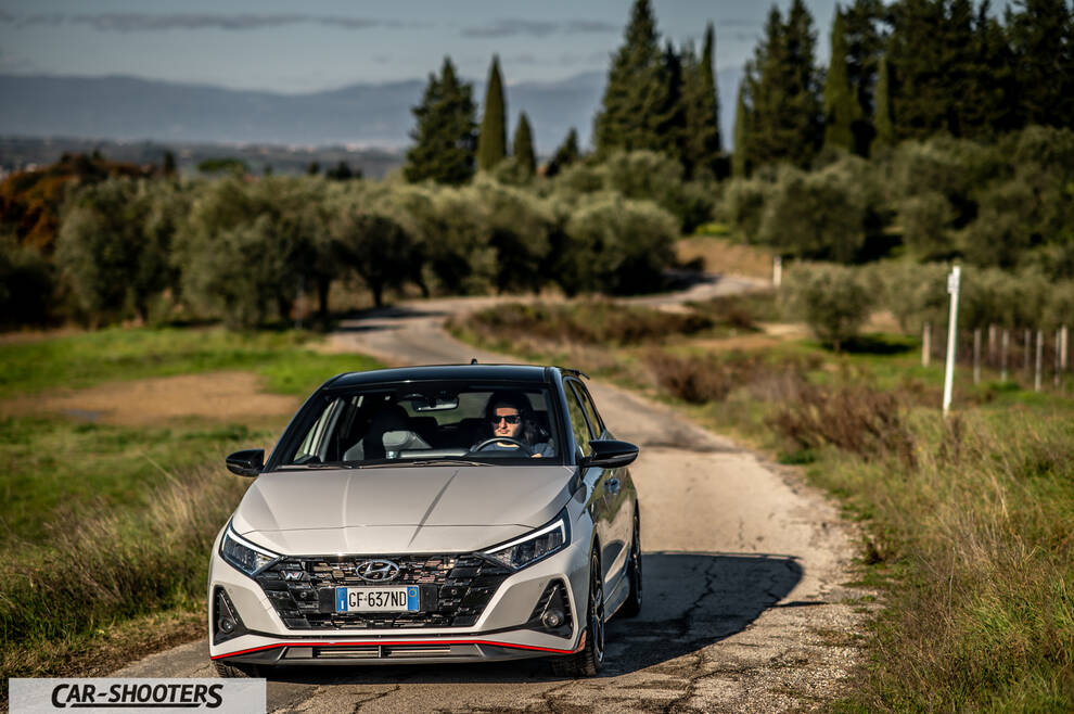 Hyundai i2N – front three-quarter, white on a country road