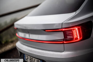 Polestar 2 – rear view, silver outdoors on an overcast day