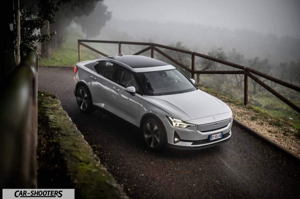 Polestar 2 – front three-quarter, white on a country road