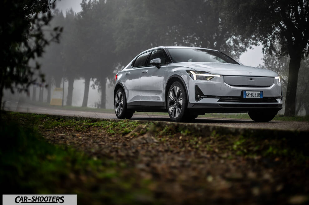 Polestar 2 – front three-quarter, silver on a country road