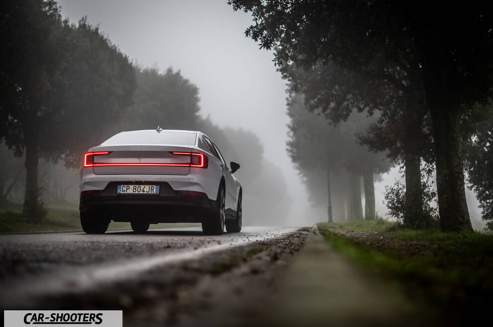 Polestar 2 – rear view, white on a country road