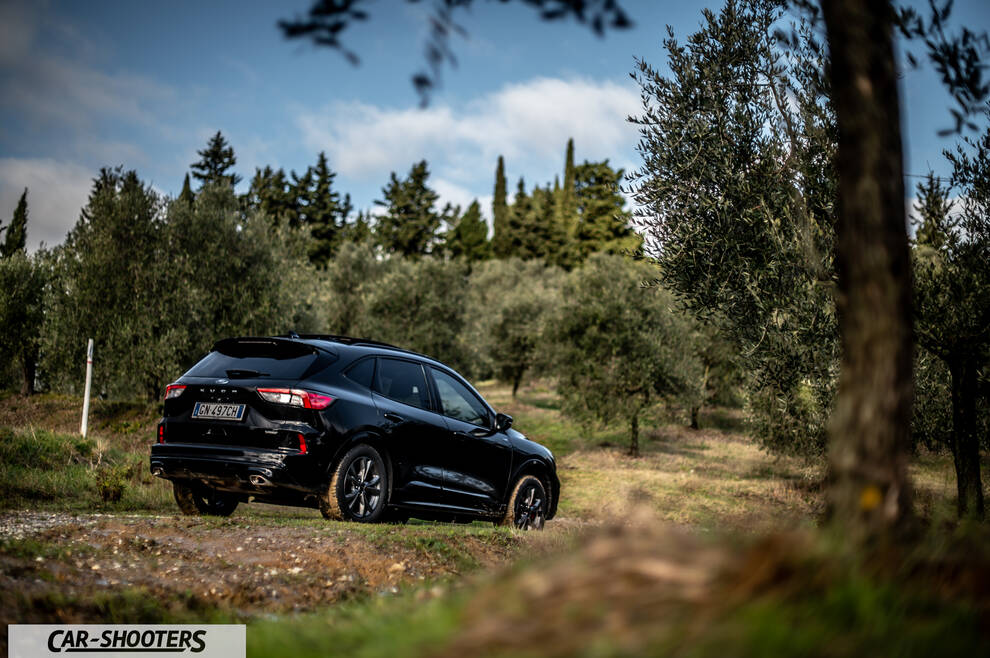 Ford Kuga STLine – rear three-quarter, black on a dirt road among trees