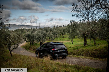 Ford Kuga STLine – rear three-quarter, black on a dirt road among olive trees