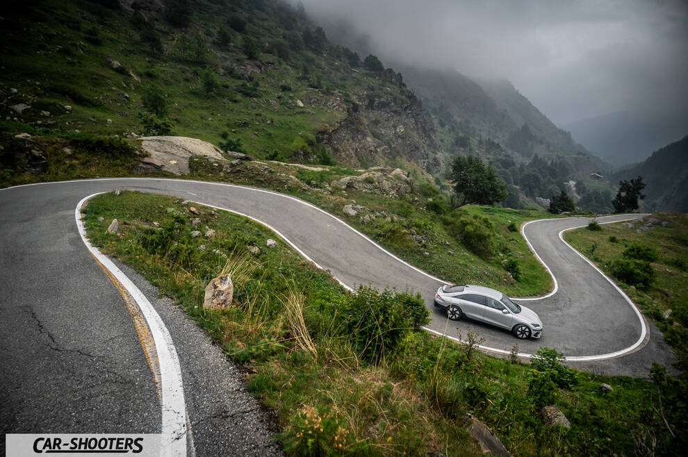 Hyundai Ioniq 6 – front three-quarter, silver on a winding mountain road