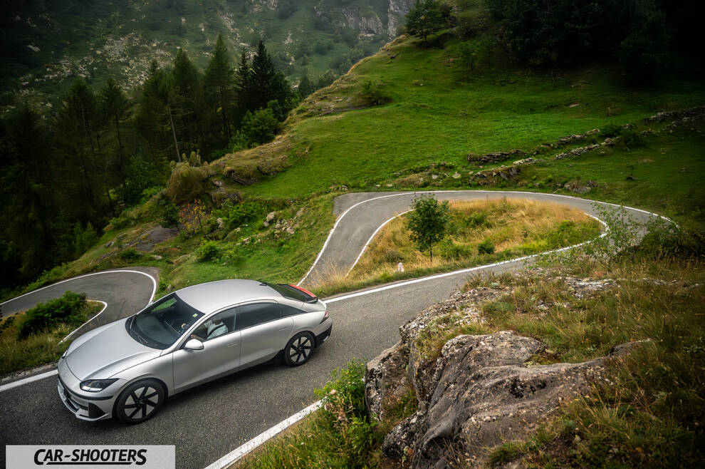 Hyundai Ioniq 6 – front three-quarter, silver on a winding mountain road