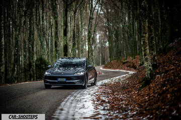 Tesla Model 3 2025 – front three-quarter, grey metallic on a winding forest road