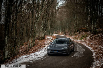 Tesla Model 3 2025 – front three-quarter, grey metallic on a forest road with snow