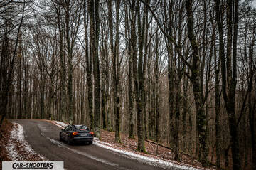 Tesla Model 3 2025 – rear three-quarter, dark grey on a curvy forest road