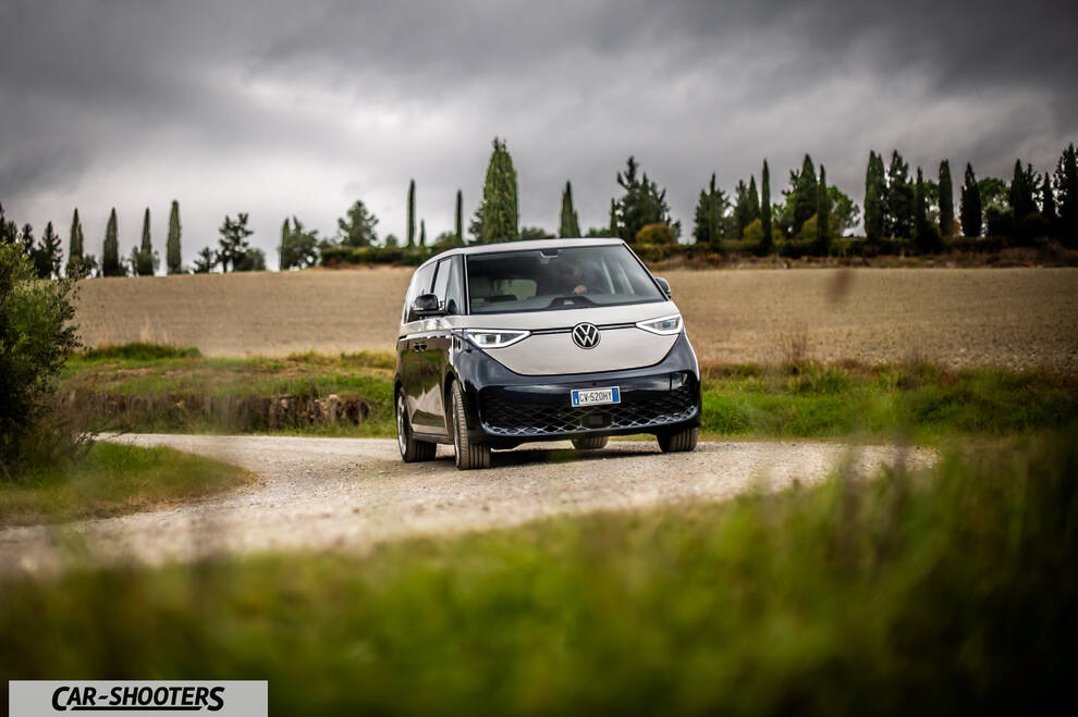 Volkswagen ID BUZZ – front three-quarter, silver and black on a country road